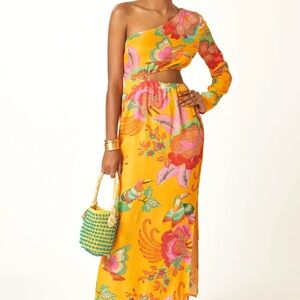 Anthropologie Farm Rio Yellow & Pink One Shoulder Dress